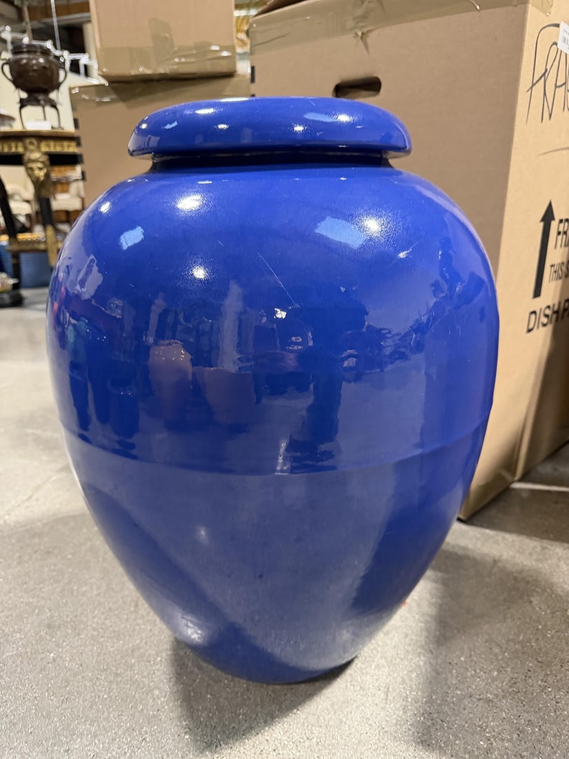 A Bauer blue glazed pottery oil jar on stand - 7