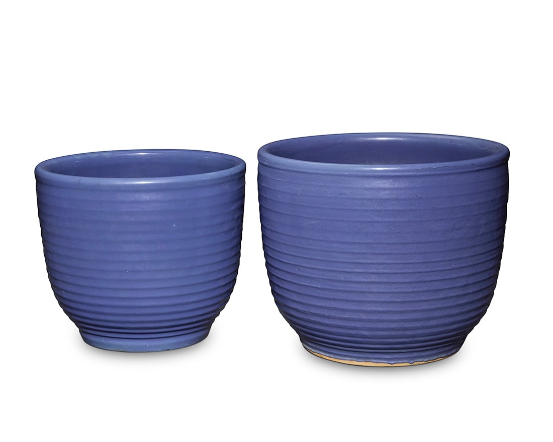 Four Bauer blue glazed pottery ringware planters - 2