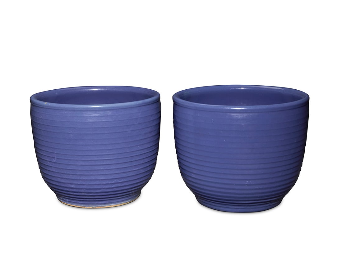 Four Bauer blue glazed pottery ringware planters - 6