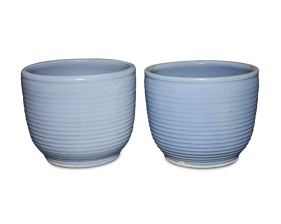 A near pair of Bauer blue glazed pottery ringware planters (1 of 5)