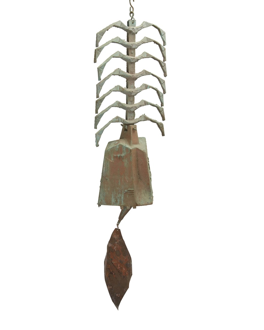 Paolo Soleri (1919-2013), A large Cosanti wind bell, mid/late 20th century; Paradise Valley, AZ: Paolo Soleri (1919-2013)A large Cosanti wind bell, mid/late 20th century; Paradise Valley, AZWith cast Paolo Soleri cipherThe cast bronze bell with clapper, upper centipede element, and sheet copper f