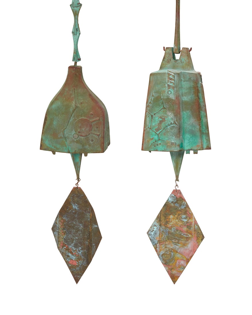 Paolo Soleri (1919-2013), Two Cosanti wind bells, late 20th/early 21st century; Paradise Valley, AZ: Paolo Soleri (1919-2013) Two Cosanti wind bells, late 20th/early 21st century; Paradise Valley, AZ Each with cast Paolo Soleri cipher The cast bronze bells each with clapper and sheet copper fin 2