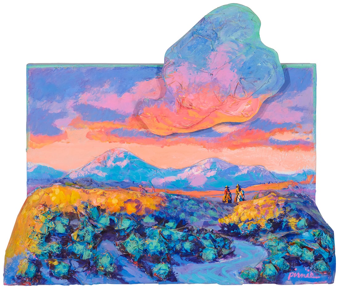 Larry Pirnie (b. 1940), "Coming Up the Draw," 1990: Larry Pirnie (b. 1940) "Coming Up the Draw," 1990 Acrylic and mixed media relief sculpture on panel Signed lower right: Pirnie; signed again, dated "1990," titled, and inscribed "ACM 90-70," all