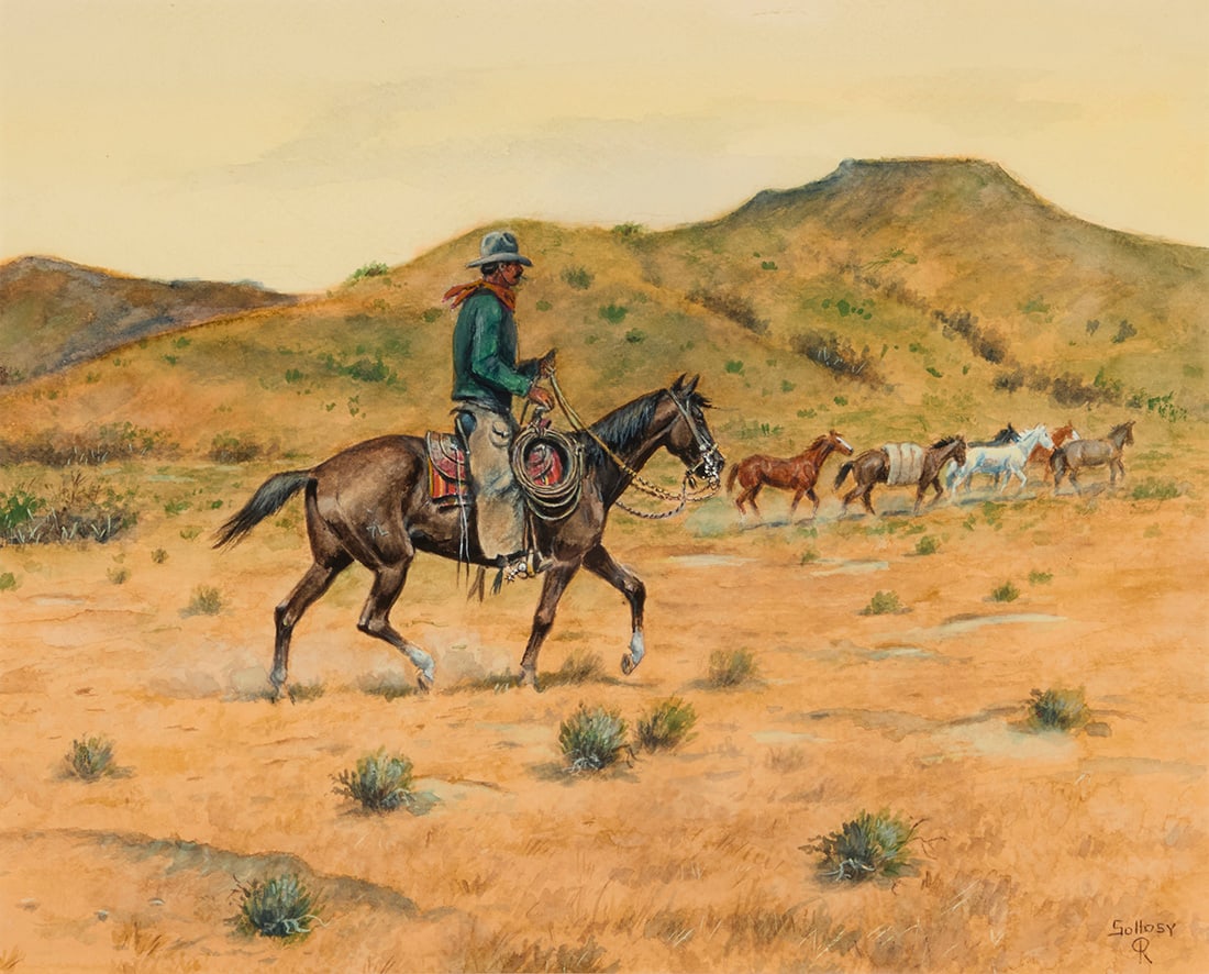 Paul Sollosy (1911-2012), "Rep Rider": Paul Sollosy (1911-2012) "Rep Rider" Watercolor on paper Signed and with the artist's device at lower right: Sollosy; titled from a label affixed to the verso of the backing paper Sight: 12.5" H x