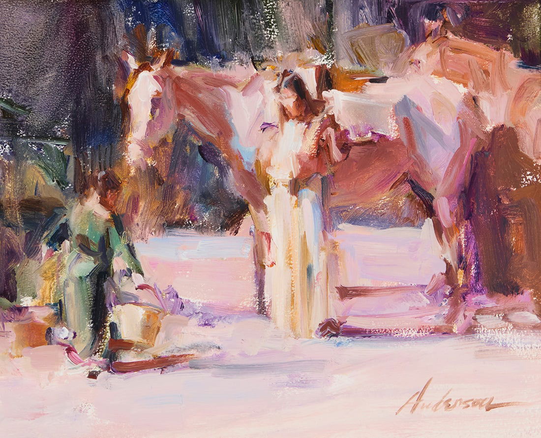 Carolyn Anderson (b. 1948), Native figures and horses, 2003: Carolyn Anderson (b. 1948) Native figures and horses, 2003 Oil on board Signed lower right: Anderson; signed again, and inscribed and dated [possibly]: "NWR-2003," all verso 8" H x 10" W