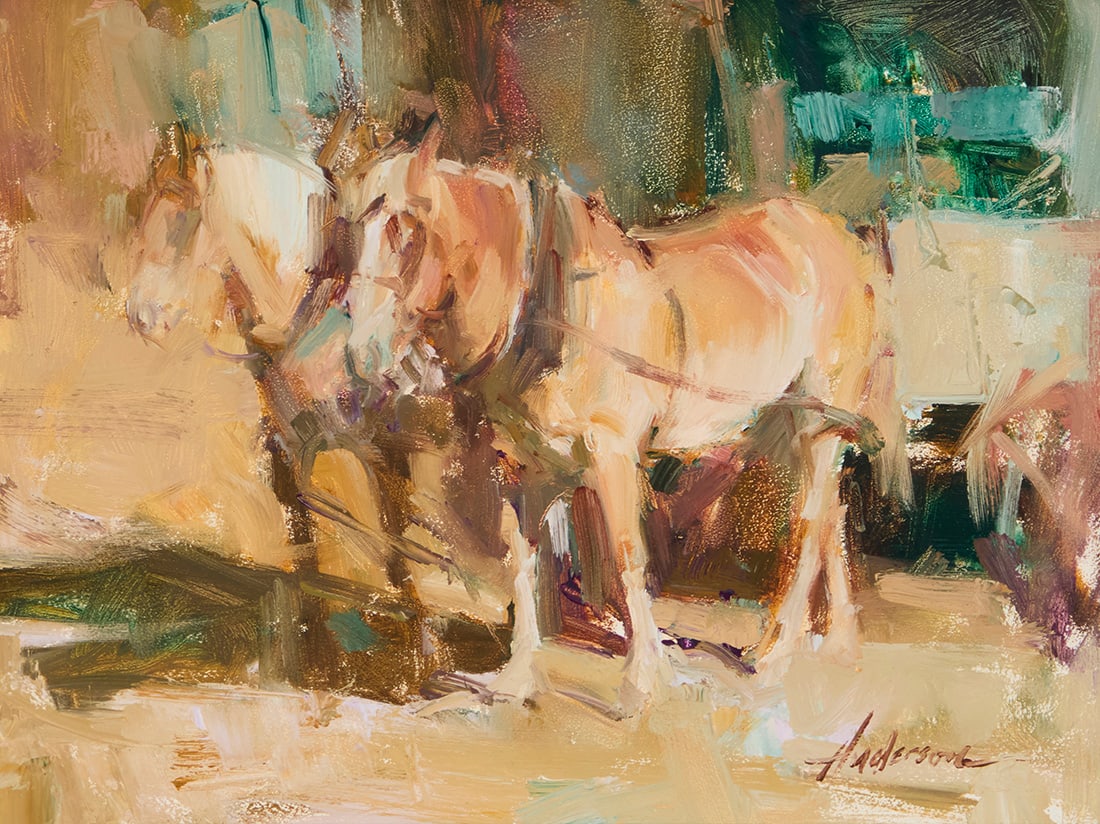 Carolyn Anderson (b. 1948), "Big Fork Team," 2002: Carolyn Anderson (b. 1948) "Big Fork Team," 2002 Oil on Masonite Signed lower right: Anderson; signed again, titled, and dated "2002," all verso 8" H x 12" W