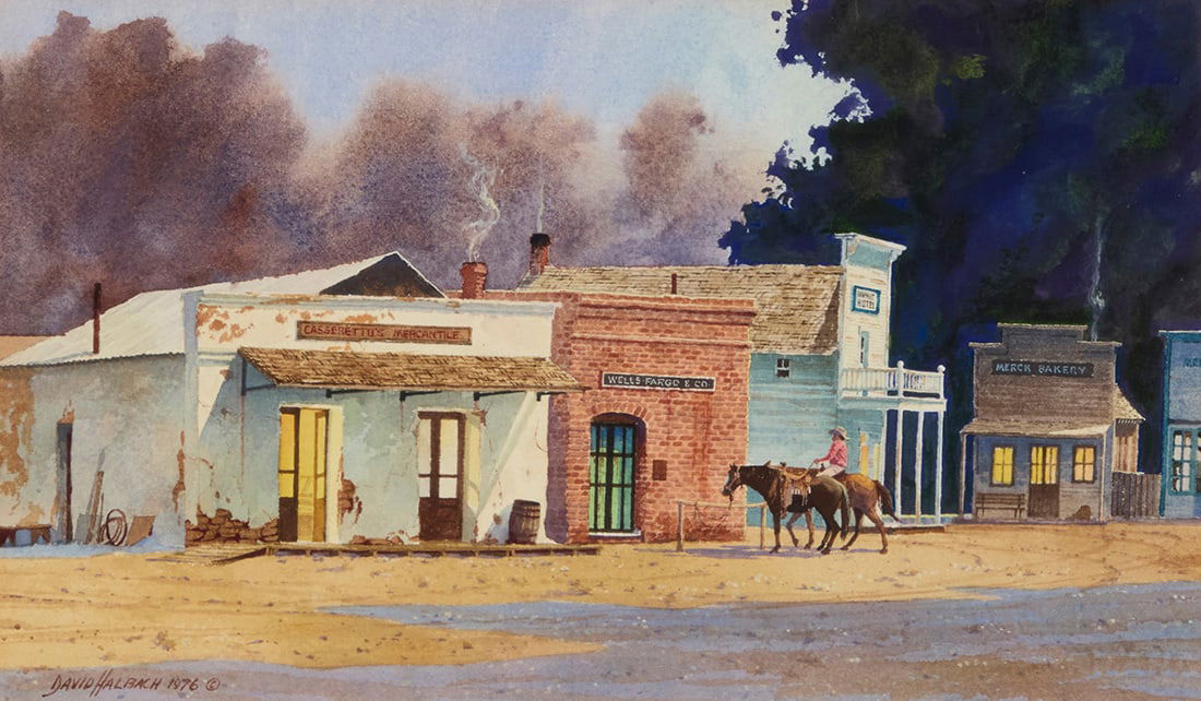 David Allen Halbach (1931-2022), Cowboy and horses in an old west town, 1976: David Allen Halbach (1931-2022) Cowboy and horses in an old west town, 1976 Watercolor on paper Signed and dated lower left: David Halbach 1976 ©; inscribed on the frame's backing paper "Dear Nancy