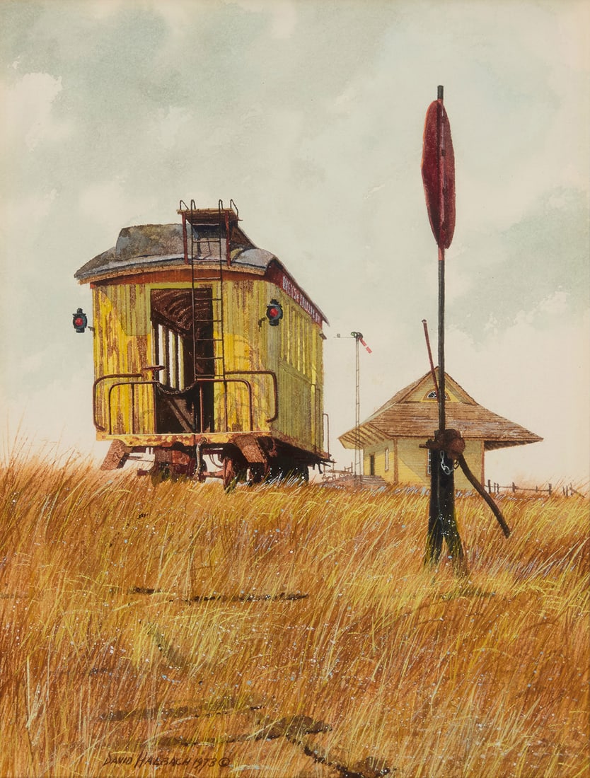 David Allen Halbach (1931-2022), "Last Stop": David Allen Halbach (1931-2022) "Last Stop" Watercolor on cold-pressed paper Signed and dated lower left: David Halbach 1973 ©; titled and inscribed: "Last Stop / Dear Clark and Jane / Thanks so