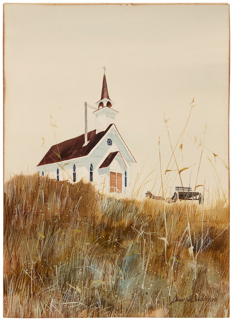 David Allen Halbach (1931-2022), Church, 1970: David Allen Halbach (1931-2022) Church, 1970 Watercolor on paper Signed and dated lower right: David Halbach 1970; inscribed with artist name and address on the frame's verso Sheet: 14" H x 10.125" W