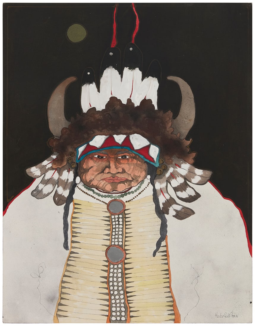 Kevin Red Star (b. 1943, Crow), "Shoots to Kill": Kevin Red Star(b. 1943, Crow)"Shoots to Kill"Oil, ink, and metallic pigments on canvasSigned lower right: Kevin Red Star; signed again and titled verso42" H x 32" W