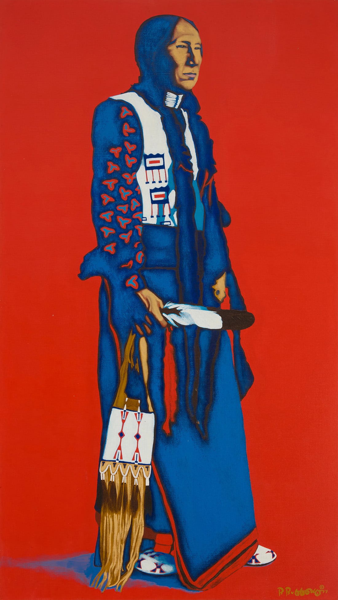 Benjamin 'Bennie' Buffalo (1948-1994, Cheyenne), "Nohnicas," 1977: Benjamin "Bennie" Buffalo (1948-1994, Cheyenne) "Nohnicas," 1977 Oil on canvas Signed and dated lower right: B. Buffalo 77 ©; signed and dated again, titled, and inscribed with a Weatherford, OK