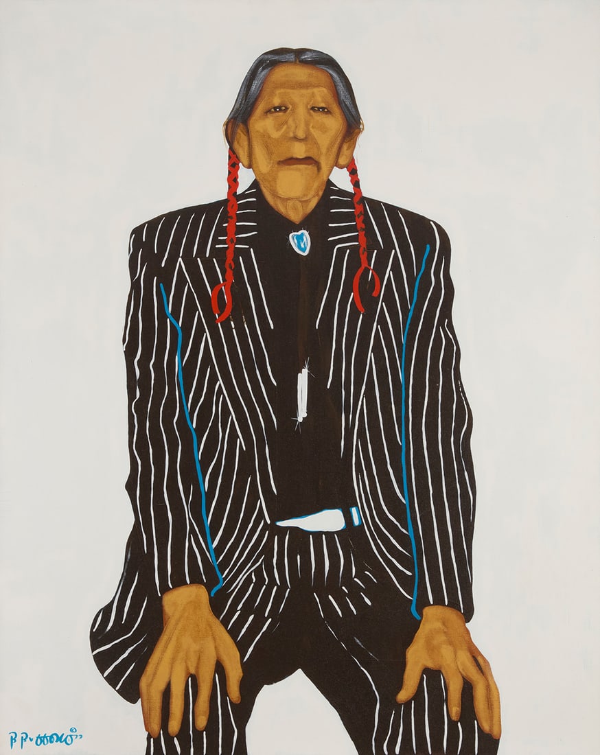Benjamin "Bennie" Buffalo (1948-1994, Cheyenne), "Hill": Benjamin "Bennie" Buffalo (1948-1994, Cheyenne) "Hill" Oil on canvas Signed and dated lower left: B. Buffalo 77 ©; signed again, dated "March 1977," and titled, all faintly in pencil, verso 42" H x