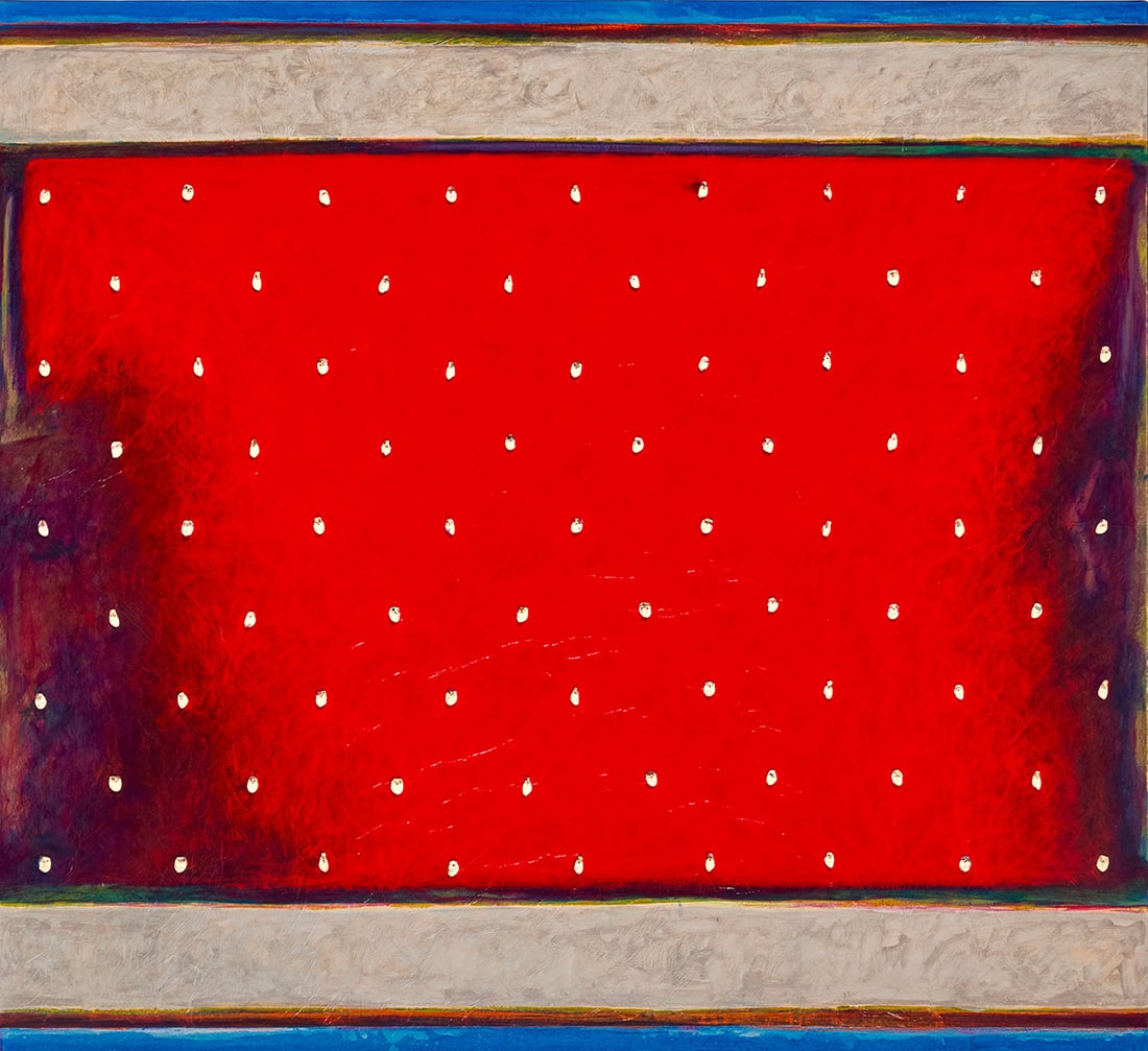 Rhett Lynch (b.1960, Dine), "Elk Dance": Rhett Lynch (b.1960, Dine) "Elk Dance" Acrylic and mixed media including pebbles and thread on canvas Unsigned; titled by repute 66" H x 72.25" W