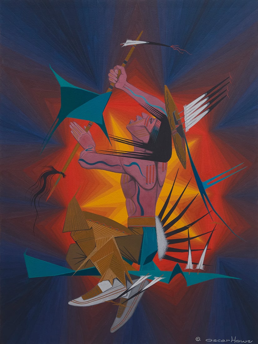 Oscar Howe (1915-1983, Yanktonai Dakota), "War Dancer," circa 1960: Oscar Howe (1915-1983, Yanktonai Dakota) "War Dancer," circa 1960 Casein on paper Signed lower right: © Oscar Howe; titled on a label once affixed to the verso of what is presumably the original