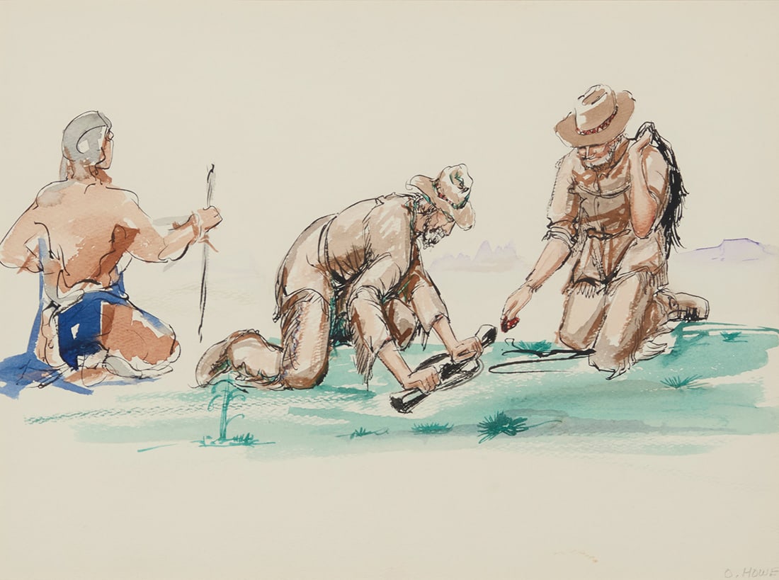 Oscar Howe (1915-1983, Yanktonai Dakota), "The Trapper": Oscar Howe(1915-1983, Yanktonai Dakota)"The Trapper"Watercolor and ink on paperSigned in pencil lower right: O. Howe; titled on a handwritten note in ink, in another hand, secured to the frame's backi