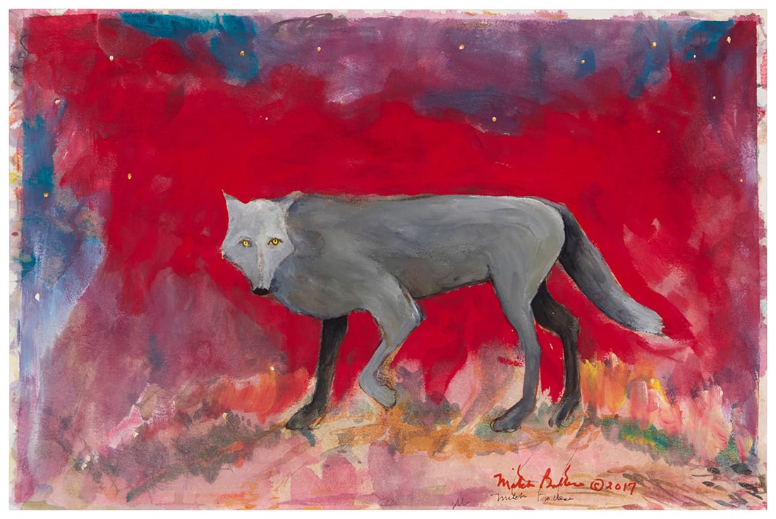 Mitch Battese (1951-2020, Chickasaw/Prairie Band Potawatomi), Wolf, 2017: Mitch Battese (1951-2020, Chickasaw/Prairie Band Potawatomi) Wolf, 2017 Watercolor and gouache on paper Signed twice and dated lower right: Mitch Battese © 2017 Sight: 11.5" H x 17.5" W