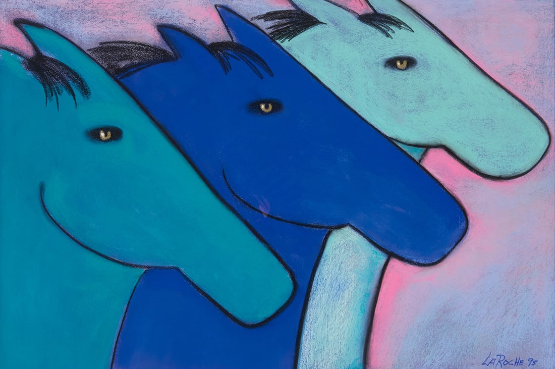 Carole LaRoche (b. 1939), "Blue Horses," 1995: Carole LaRoche(b. 1939)"Blue Horses," 1995Pastel on paperSigned and dated lower right: LaRoche 95; titled on a tag taped to the frame's backing paperSight: 26" H x 38.5" W