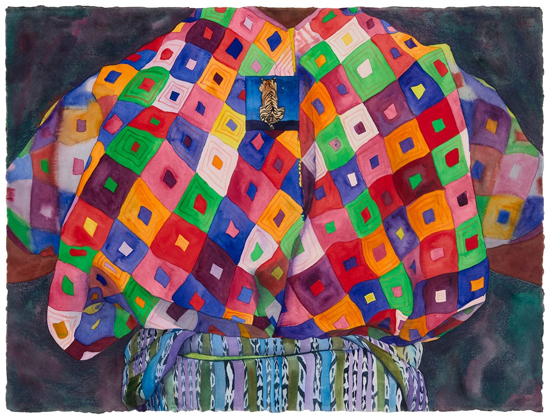 Karen Ahlgren (Active 21st century), Untitled, geometric outfit with tiger: Karen Ahlgren(Active 21st century)Untitled, geometric outfit with tigerWatercolor on paperSigned upper left: © Karen AhlgrenImage/Sheet: 22.5" H x 30.5" W