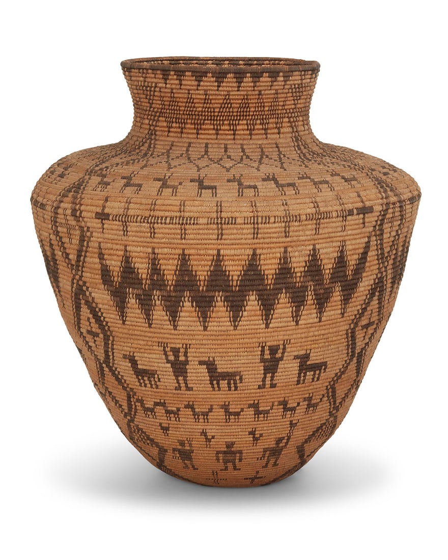 A monumental Apache pictorial basketry olla