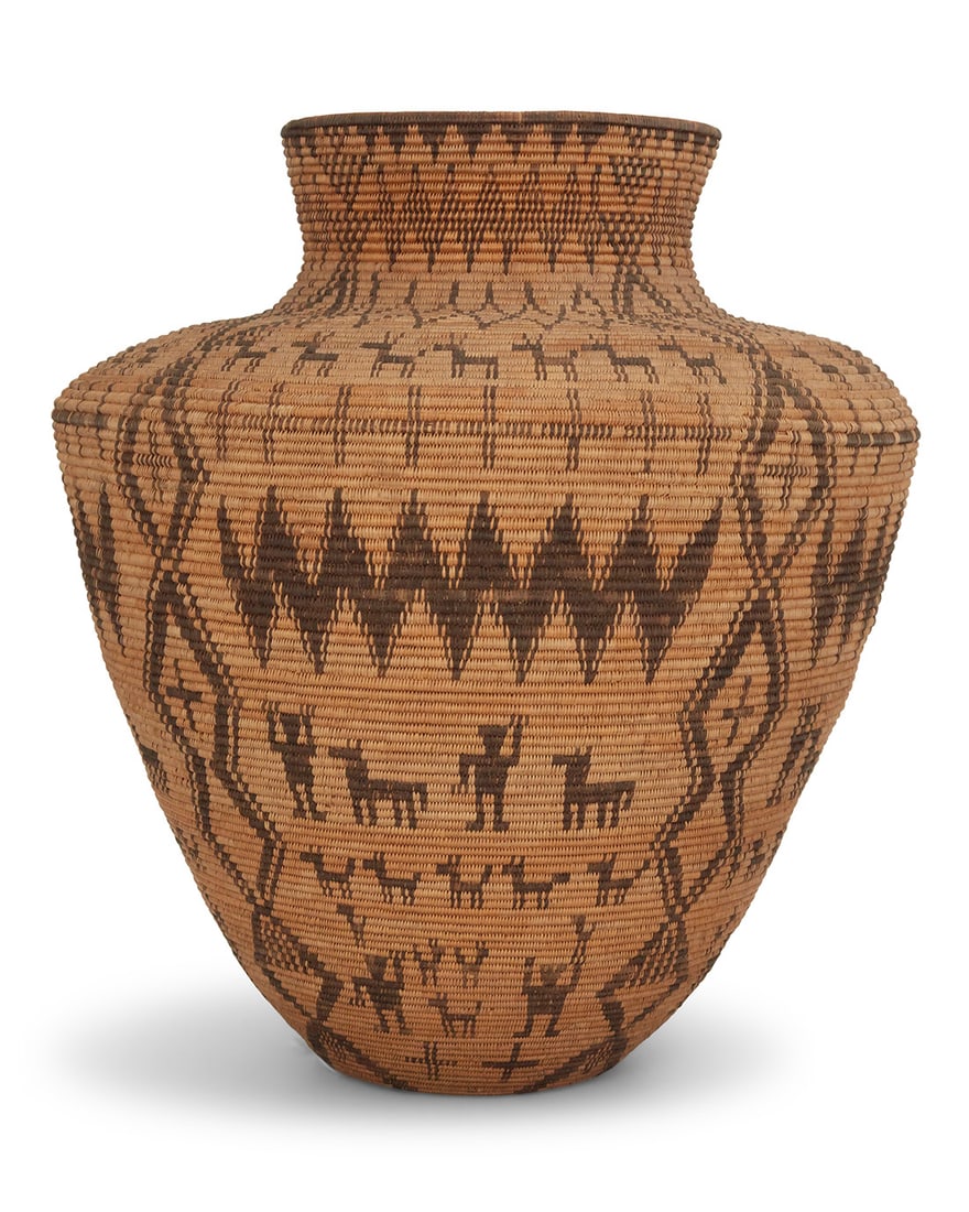 A monumental Apache pictorial basketry olla - 3