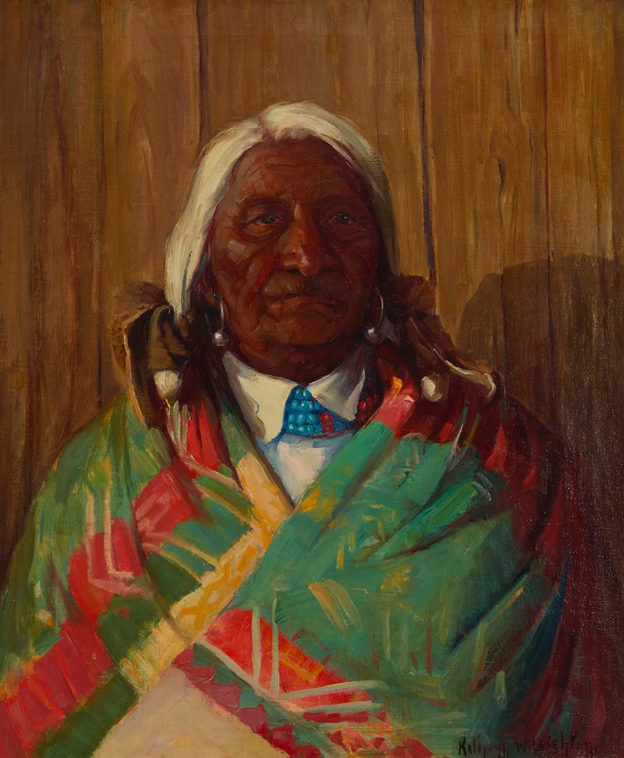 Kathryn Woodman Leighton (1875-1952), "Chief Santiago, President of Santa Clara" (New Mexico): Kathryn Woodman Leighton (1875-1952) "Chief Santiago, President of Santa Clara" (New Mexico) Oil on canvas Signed lower right: Kathryn W. Leighton; titled on the stretcher bar 30" H x 25" W 