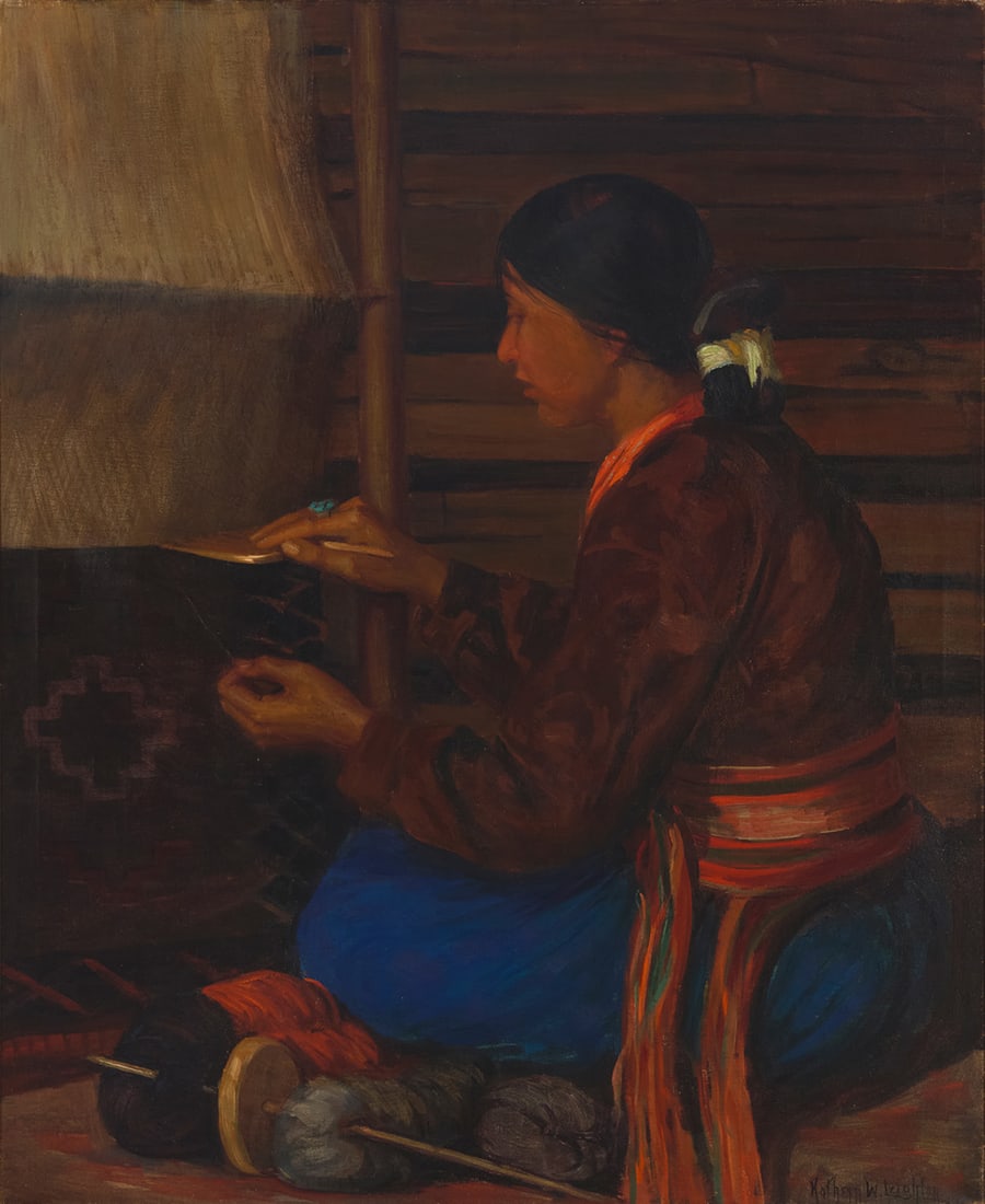 Kathryn Woodman Leighton (1875-1952), "Weaving in Her Hogan": Kathryn Woodman Leighton(1875-1952)"Weaving in Her Hogan"Oil on canvasSigned lower right: Kathryn W. Leighton; titled and inscribed on brown paper affixed to the stretcher: "Navajo Indian Rug Weaver /