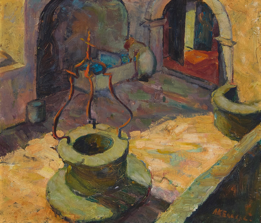 Anna Katharine Skeele (1896-1963), "In an Indian Village near Santa Fe, New Mexico": Anna Katharine Skeele (1896-1963) "In an Indian Village near Santa Fe, New Mexico" Oil on canvasboard Signed lower right: AK Skeele; titled on a typewritten label affixed to the frame's backing paper