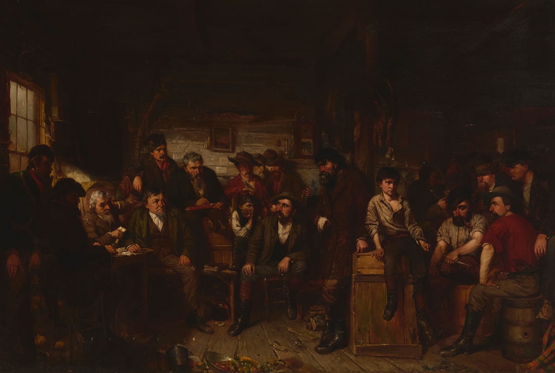 John Mulvany (1844-1906), "Preliminary Trial of a Horse Thief, Scene in a Western Justice's Court,": John Mulvany (1844-1906) "Preliminary Trial of a Horse Thief, Scene in a Western Justice's Court," 1875 Oil on canvas laid to canvas Signed lower right: Jno Mulvany; titled on the frame plaque 48" H