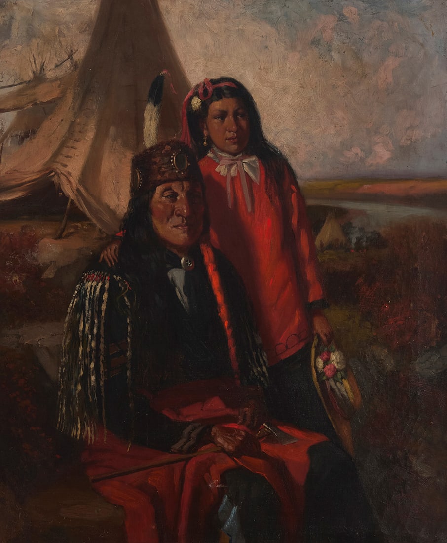 John Mulvany (1844-1906), Portrait of two Plains Indian figures, 1881: John Mulvany (1844-1906) Portrait of two Plains Indian figures, 1881 Oil on canvas Signed and dated lower right: Jno / Mulvany / 1881 30" H x 25.25" W Provenance: Private estate, California Other
