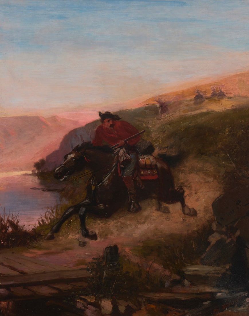 John Mulvany (1844-1906), Native warriors chasing a rider along a coastal path, 1888: John Mulvany (1844-1906) Native warriors chasing a rider along a coastal path, 1888 Oil on canvas Signed and dated lower right: Jno Mulvany / 1888 36" H x 29" W Provenance: Sold: Aspire Auctions,