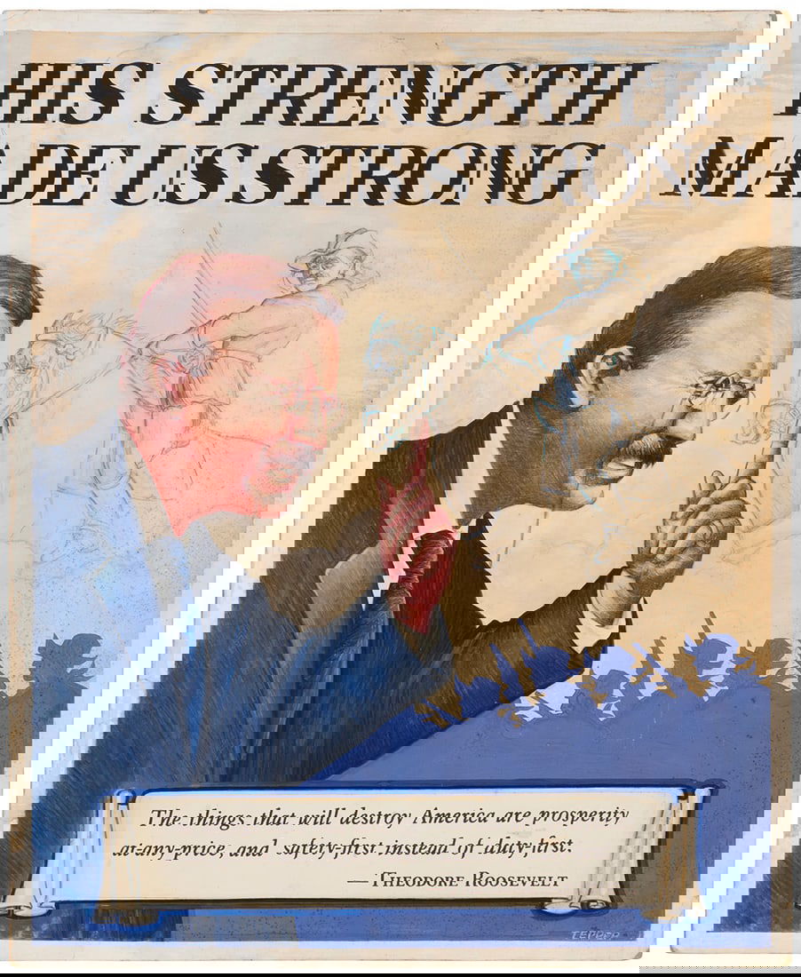 Saul Tepper (1899-1987), "His Strength Made Us Strong": Saul Tepper (1899-1987) "His Strength Made Us Strong" Gouache, pastel, and pencil on paper laid to artist's board Signed lower right: Tepper; titled and with text within the composition: "His