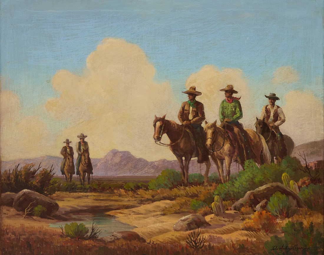 John Anthony Conner (1892-1971), "Headin' for the Hitchin' Rail": John Anthony Conner (1892-1971) "Headin' for the Hitchin' Rail" Oil on canvas laid to waxed canvas Signed lower right: John Anthony Conner; titled in ink, in another hand, on a piece of paper affixed