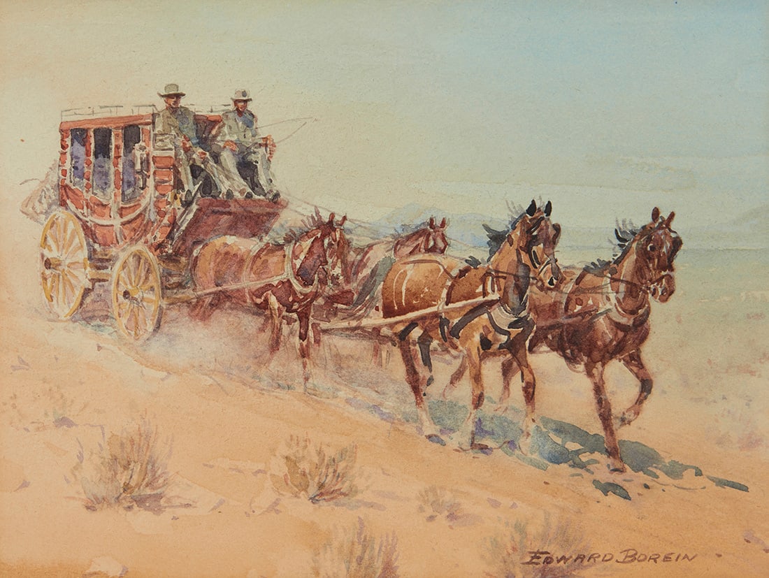 Edward Borein (1872-1945), Stagecoach: Edward Borein (1872-1945) Stagecoach Watercolor on sturdy paper Signed lower right: Edward Borein Sheet: 7.625" H x 10.125" W Provenance: The artist Private collection, likely acquired from the