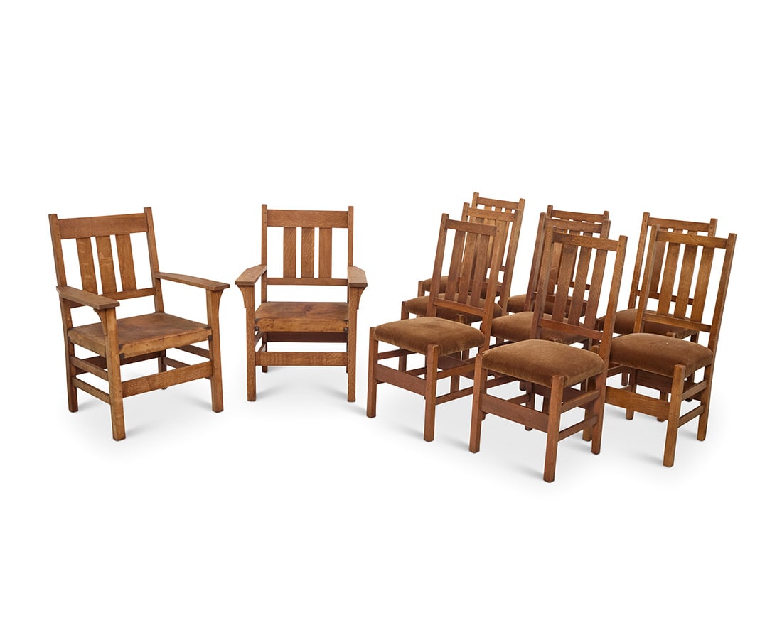 A set of ten Gustav Stickley oak dining chairs, nos. 350 & 366 (1 of 12)