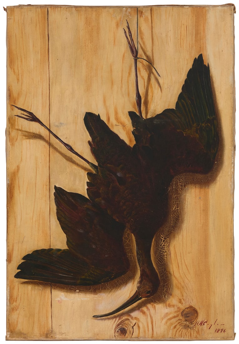 Harvey Wallace Caylor (1867-1932), Trompe l'oeil of a bird dangling from a wooden board, 1896: Harvey Wallace Caylor (1867-1932) Trompe l'oeil of a bird dangling from a wooden board, 1896 Oil on canvas Signed and dated lower right: H.W. Caylor / 1896 27.875" H x 19" W Provenance: Private