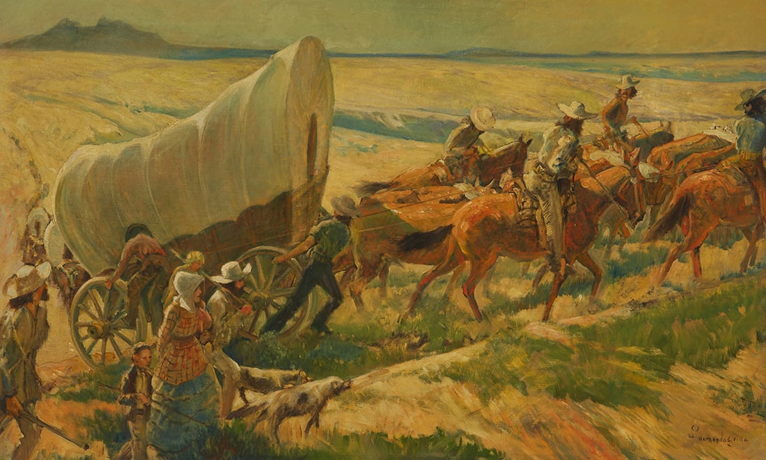 Hernando Gonzallo Villa (1881-1952), Wagon train, 1925: Hernando Gonzallo Villa (1881-1952) Wagon train, 1925 Oil on canvas Signed and dated lower right: © Hernando G. Villa / 25 27" H x 45" W Provenance: John A. Williams, Westmoreland, CA Exhibited: