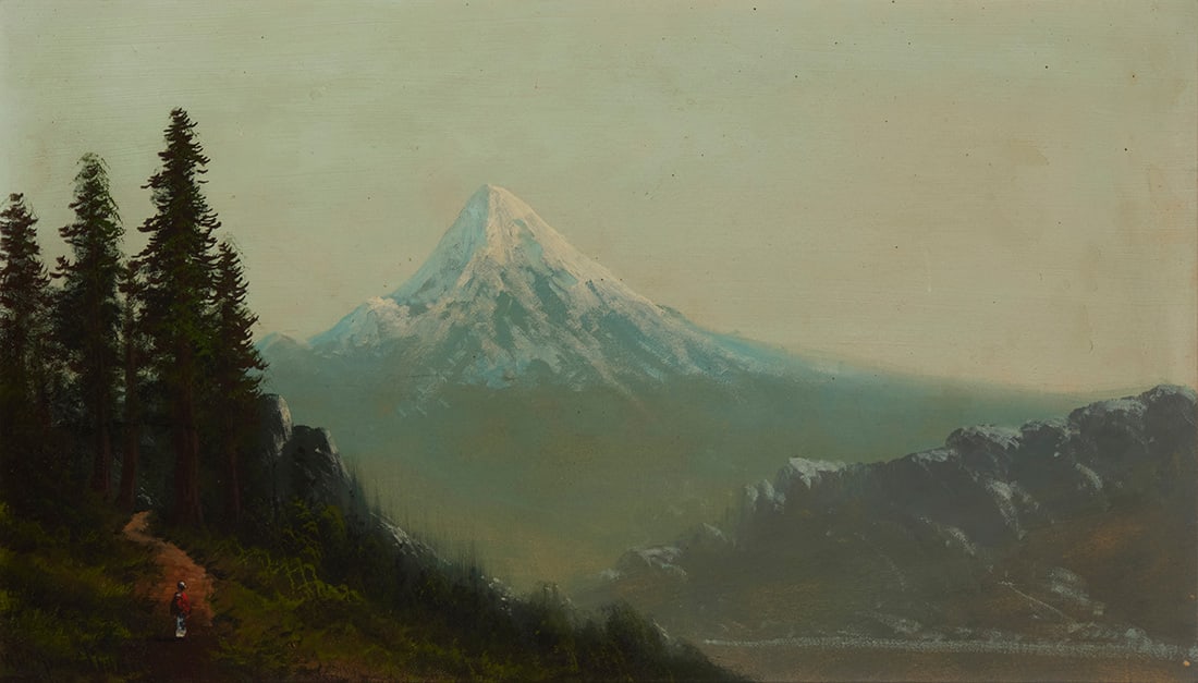 William Weaver Armstrong (1862-1906), Mount Hood landscape with figure: William Weaver Armstrong(1862-1906)Mount Hood landscape with figureOil on canvasSigned lower left: W.W Armstrong; inscribed in ink, in another hand on the stretcher: "William Wallace [sic] Armstrong"1