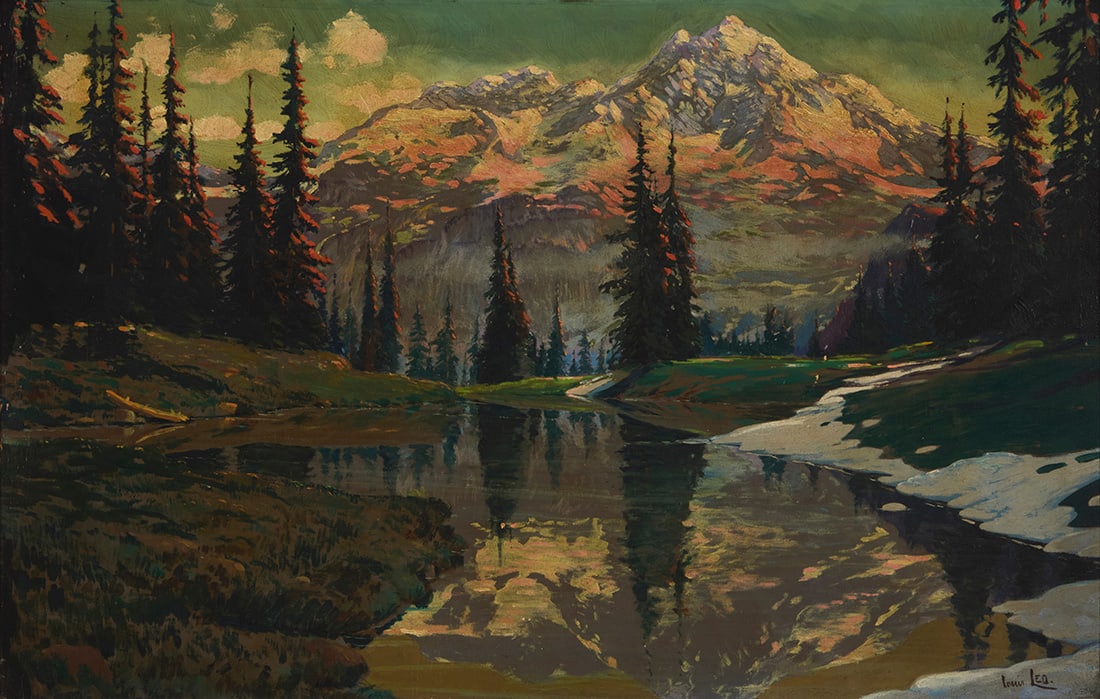 Louis Leo (20th century), Lake in a mountain landscape: Louis Leo (20th century) Lake in a mountain landscape Oil on panel Signed lower right: Louis Leo 18" H x 28" W Provenance: The Collection of Gary Diamond, Los Angeles, CA