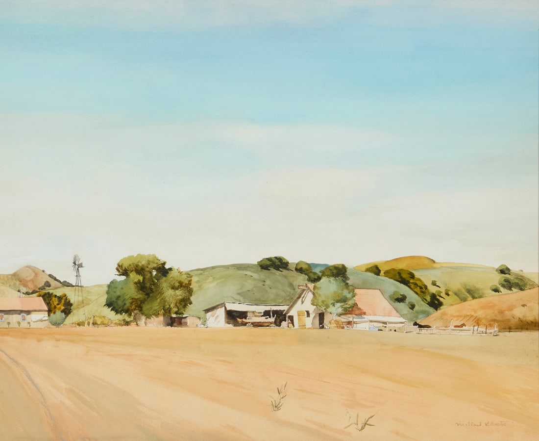 Millard Owen Sheets (1907-1989), "Farm, Ojai Valley," circa 1932: Millard Owen Sheets (1907-1989) "Farm, Ojai Valley," circa 1932 Watercolor on paper Signed in pencil lower right: Millard Sheets; titled and dated on a label affixed to the frame's backing board