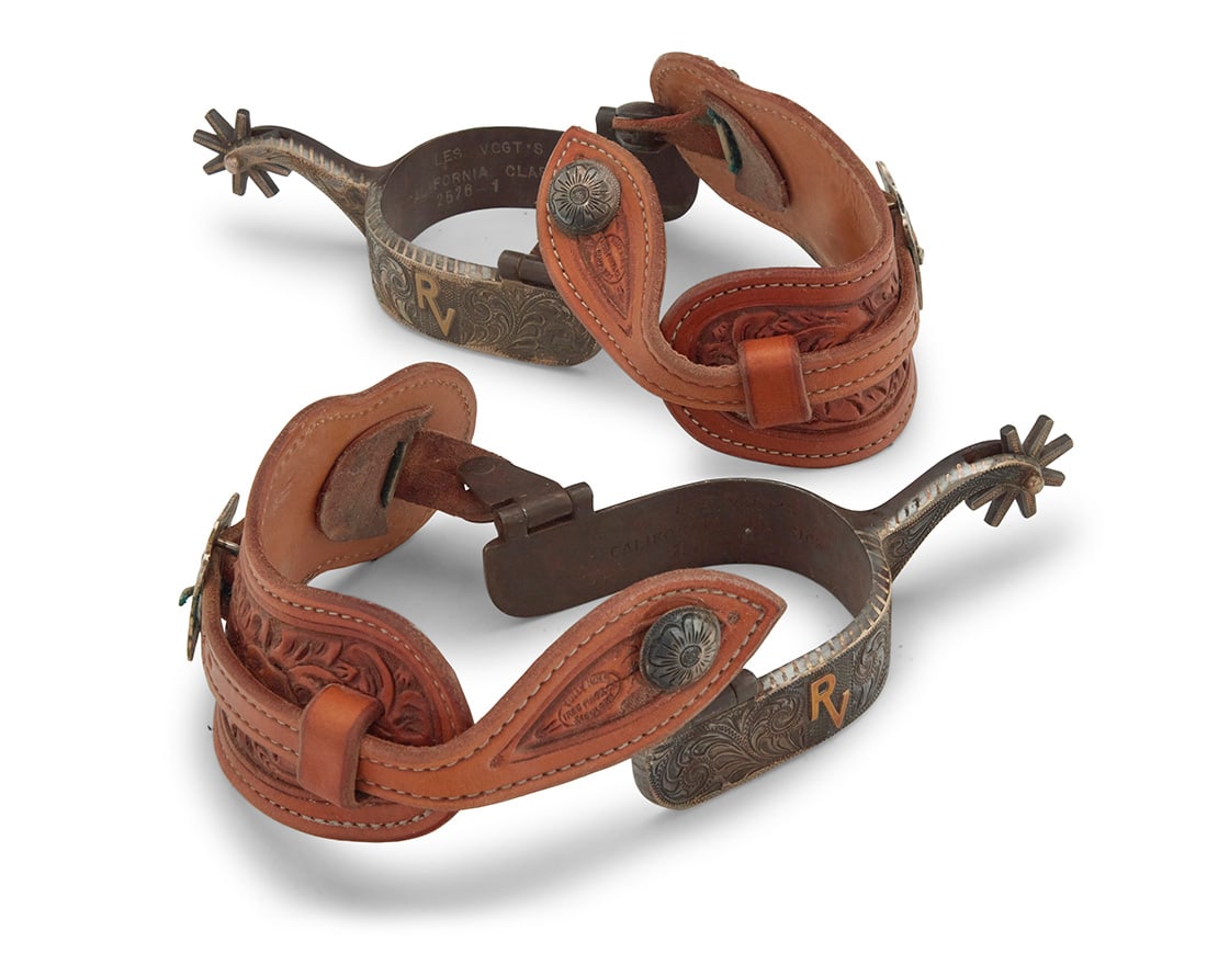 A pair of Les Vogt's California Classics for Rancho Vistadores spurs: A pair of Les Vogt's California Classics for Rancho Vistadores spursLate 20th/21st centuryEach stamped: Les Vogt's / California Classic / 2576-1; straps stamped: Tully Hole Saddlery / Tres Pinos / CAT