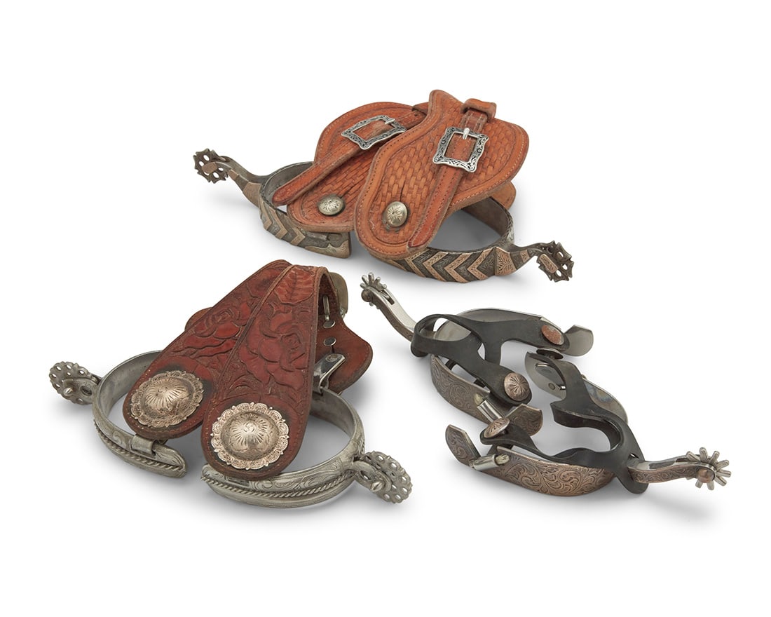 Three pairs of spurs: Three pairs of spurs Late 20th century Three works: A pair of Madole wrought iron spurs Each stamped: Madole / Tully Hole Saddlery Tres Pinos CA Each with sterling silver overlay to outer heel band,