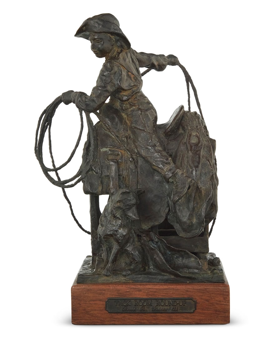 Bruce R. Greene (b. 1953, American), "Tack Room Roundup": Bruce R. Greene (b. 1953, American) "Tack Room Roundup" Patinated bronze on rotating wood plinth Edition: 16/20 Signed and numbered in the casting: Bruce R. Greene / CA; Titled to cast bronze plaque