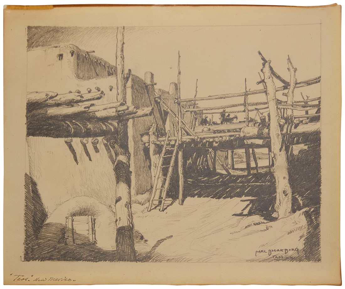 Carl Oscar Borg (1879-1947), "Taos NM": Carl Oscar Borg (1879-1947) "Taos NM" Pencil on paper Signed and titled in pencil lower right: Carl Oscar Borg / Taos NM; titled again in ink, " 'Taos-' New Mexico-," possibly in another hand, along