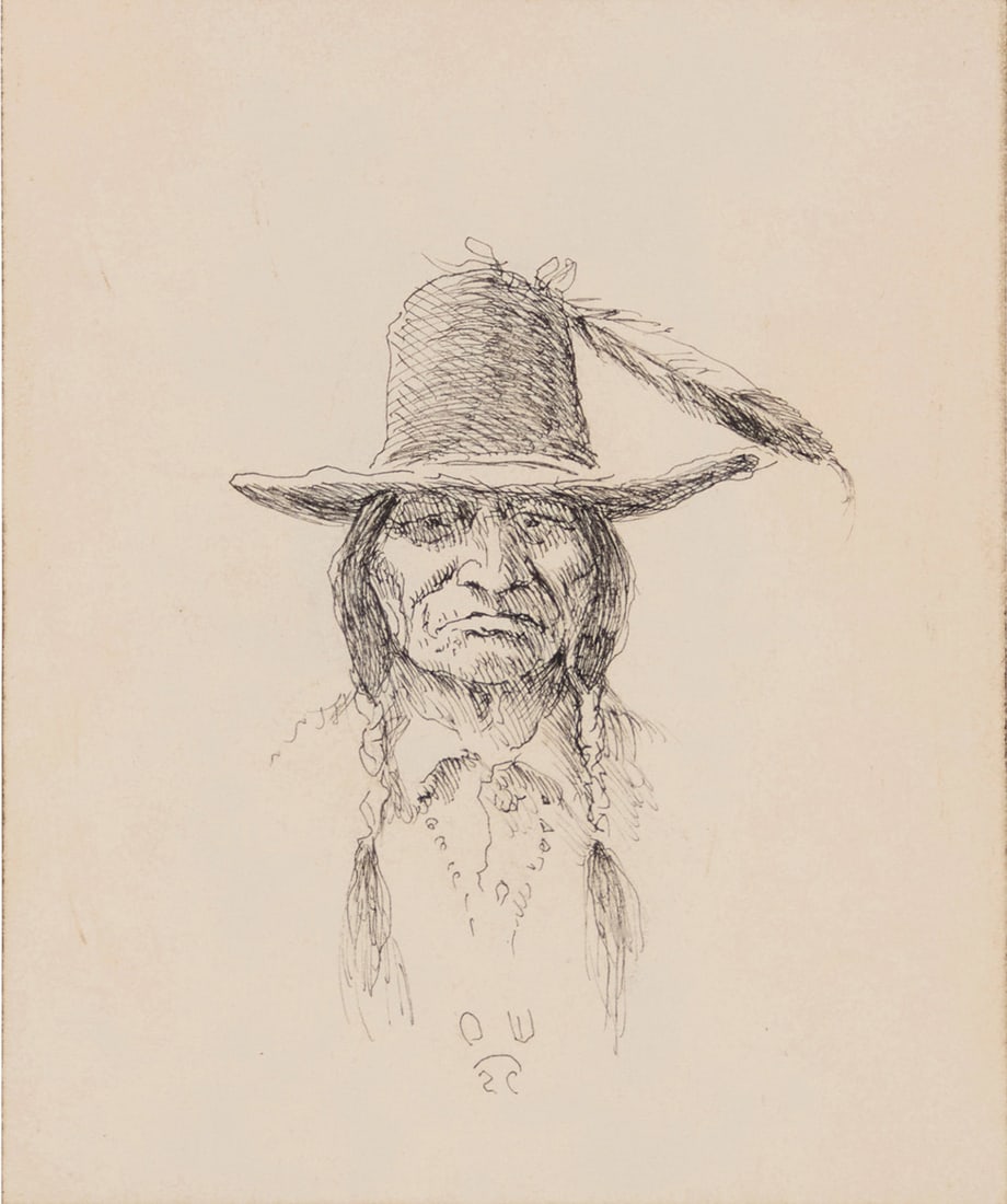 Olaf Wieghorst (1899-1988), "Plains Indian": Olaf Wieghorst (1899-1988) "Plains Indian" Ink on paperboard Signed with initials and with the artist's device lower center: OW; titled by repute Paperboard: 4.875" H x 4" W Provenance: Private