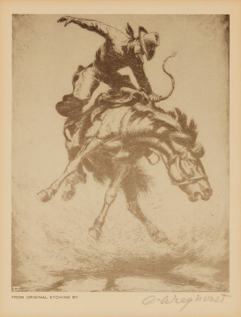 Olaf Wieghorst (1899-1988), "In Trouble": Olaf Wieghorst (1899-1988) "In Trouble" Offset reproduction of an etching on paper Signed in pencil in the lower margin: O. Wieghorst; with printed text in the lower margin directly below the image: