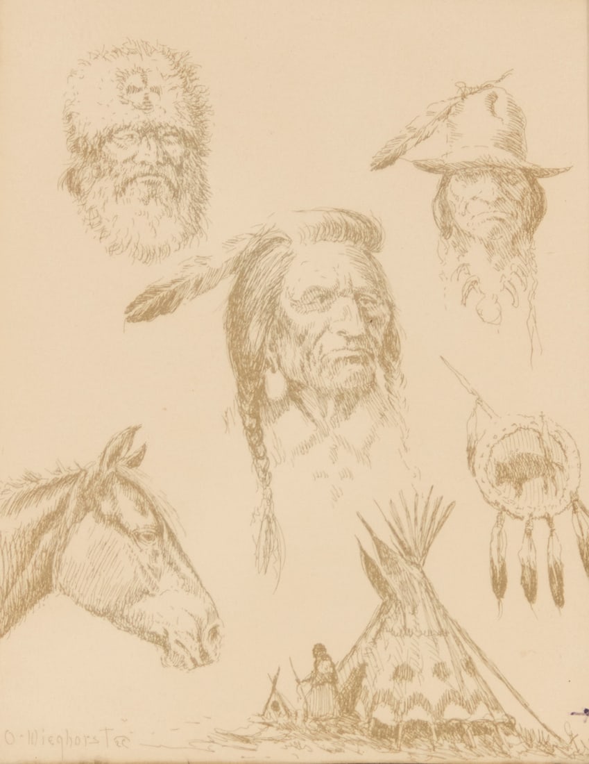 Olaf Wieghorst (1899-1988), Study with six figures: Olaf Wieghorst (1899-1988) Study with six figures Photomechanical reproduction on card Inscribed by Mrs. Wieghorst: "May 10, 1979 / Dear Lottie: - / Your nice birthday card / was forwarded here to me