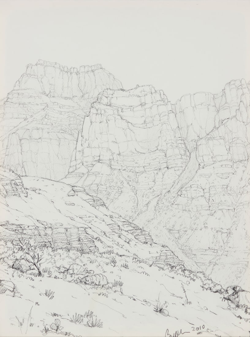 Bruce A. Aiken (b. 1950), "Below Deva Temple, Near Wall Creek," 2010: Bruce A. Aiken (b. 1950) "Below Deva Temple, Near Wall Creek," 2010 Pencil on paper Signed and dated lower right: Bruce 2010; signed and dated again, and titled, all verso Sight: 13.5" H x 10.5" W 