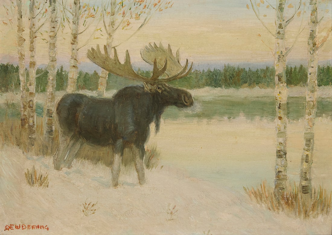 Edwin Willard Deming (1860-1942), Moose in a winter landscape: Edwin Willard Deming (1860-1942) Moose in a winter landscape Oil on board Signed and with the artist's shield device lower left: EW Deming 10" H x 14" W Provenance: Private estate, California