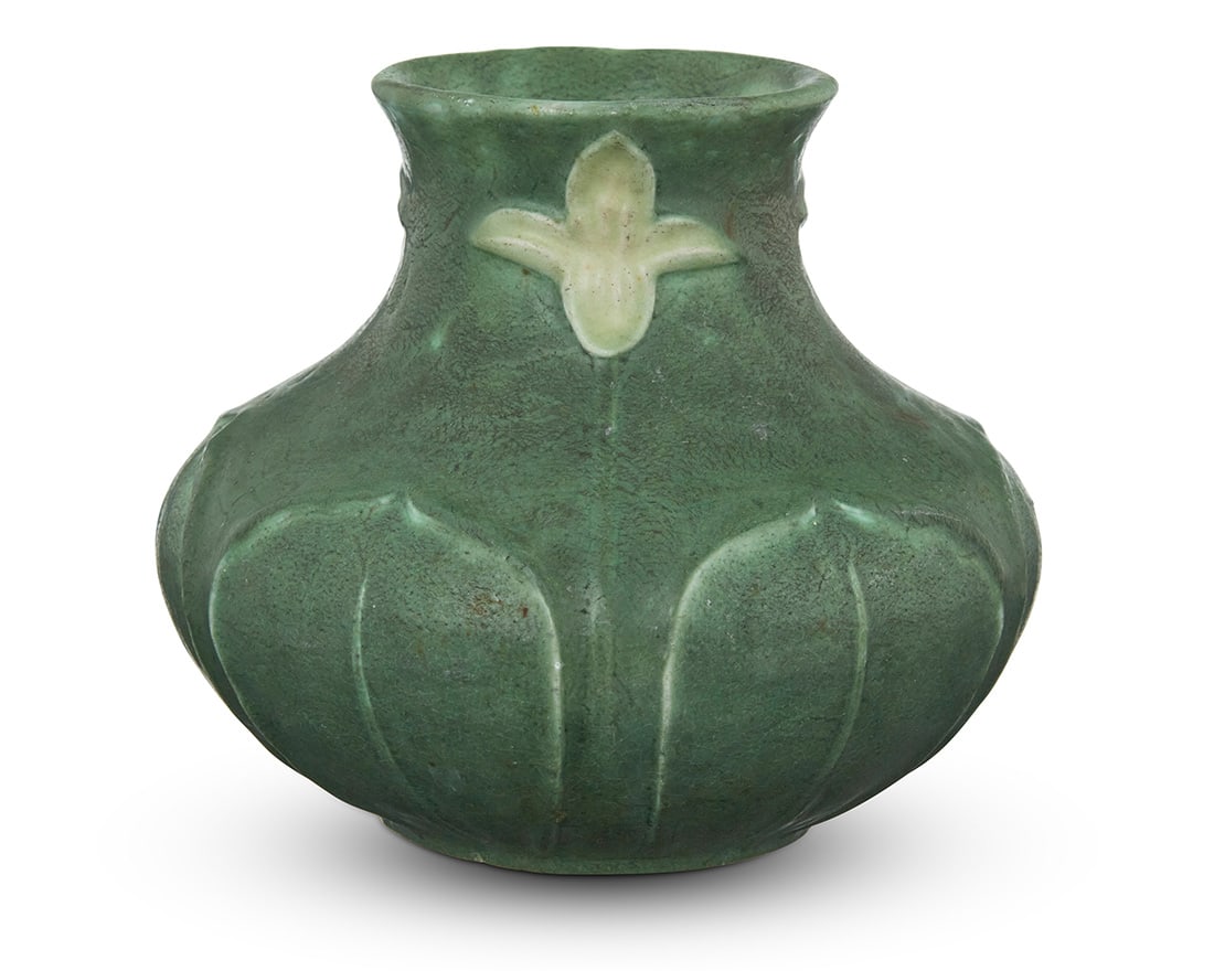 Eva Russell for Grueby Faience Company: Eva Russell for Grueby Faience Company Matte green and white Lotus vase, circa 1905 glazed earthenware Impressed manufacturer's mark 'GRUEBY / POTTERY / BOSTON / U S A ' [centered by lotus logo],