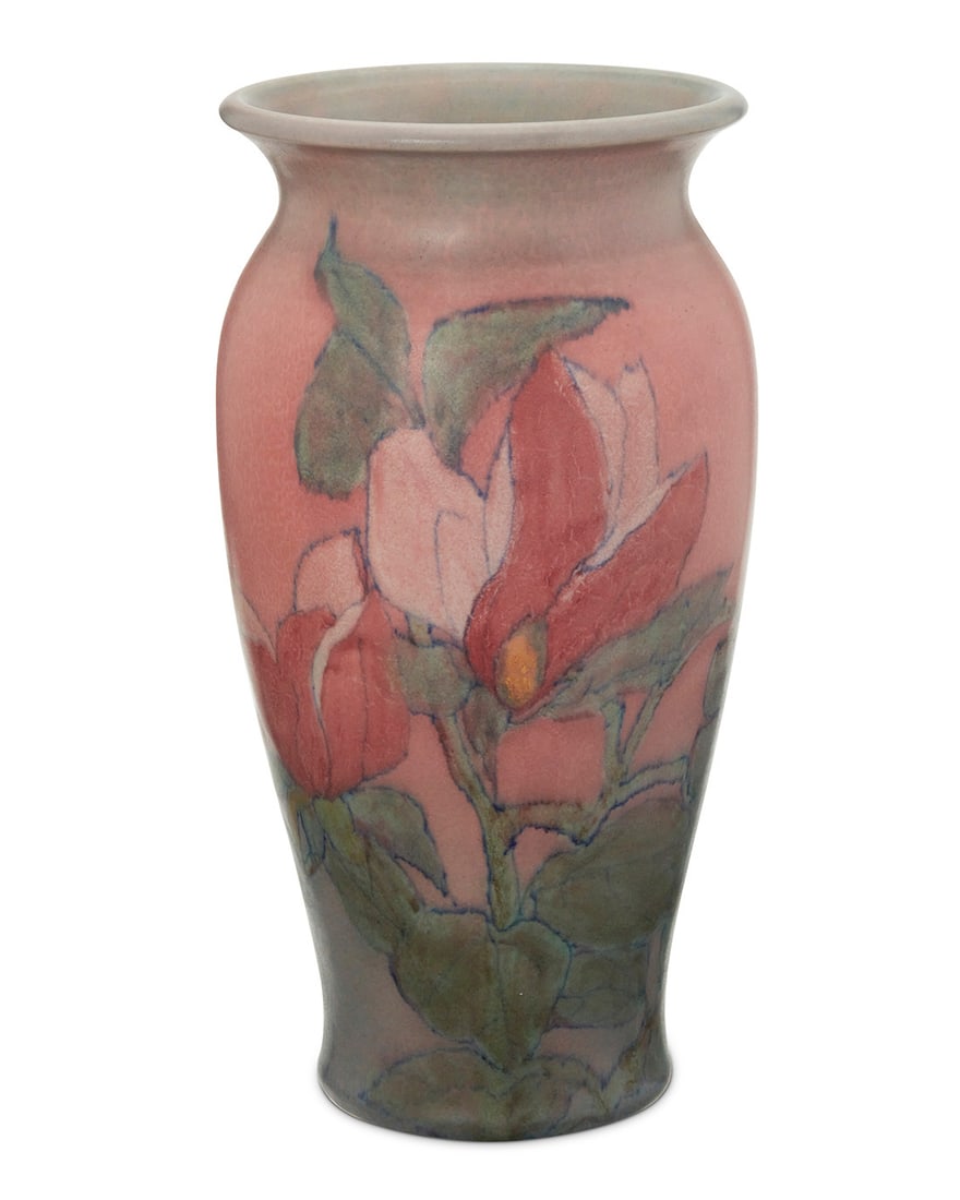Sarah "Sallie" Elizabeth Coyne for Rookwood pottery: Sarah "Sallie" Elizabeth Coyne for Rookwood potteryDouble Vellum/Decorated Mat vase with magnolias, 1929glazed porcelainImpressed manufacturer's mark, date and number to underside 'Flame mark XXIX 278